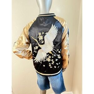 Reversible Embroidered Crane & Cherry Blossom Satin Bomber Jacket | Black & Gold